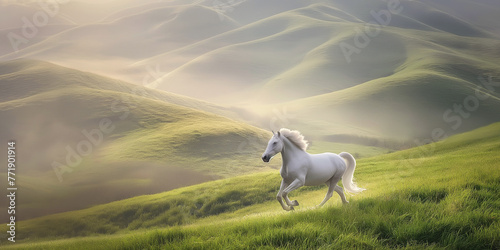 A  white horse running in green field hill with beautiful dramatic foggy morning 