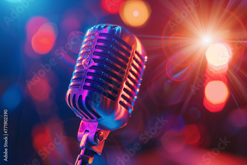 Microphone on stage under bright lights, professional speaking interview singing media concept illustration