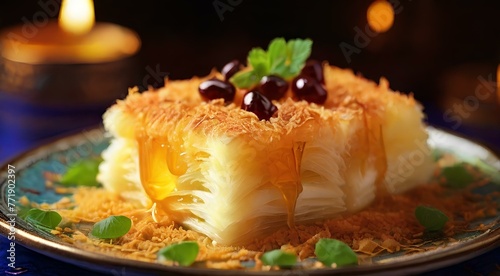 Knafeh Sensation, sweet pastry made from shredded phyllo dough, layered with cheese or semolina, soaked in sugar syrup