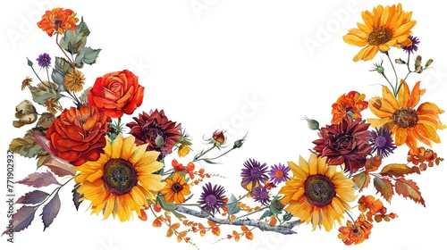 Angled autumn’s frame orange, yellow sunflowers, red roses, purple asters Michaelmas daisy), gerbera daisy flowers, twigs on white background. Digital draw, illustration in watercolor style