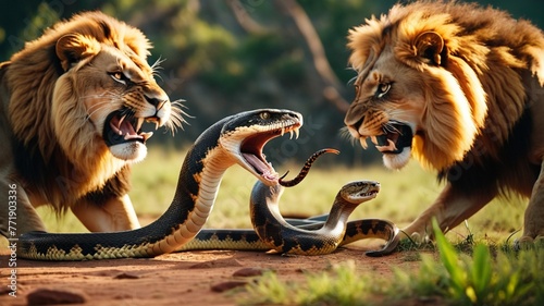 lion fighting scene with snake