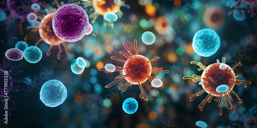 3d rendered illustration of a virus, Macro shot of different types of microbes Virus cells and bacteria on abstract background
 photo