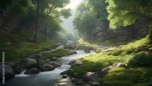 Winding stream flowing through a lush forest or rocky terrain