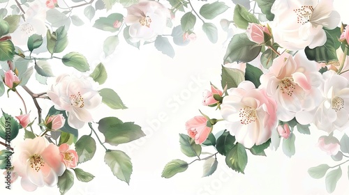 Panoramic view bouquet of roses  spring blossom. Horizontal border branches pink  white flowers  buds  green leaves  white background. Digital draw illustration in watercolor style   Generative ai  