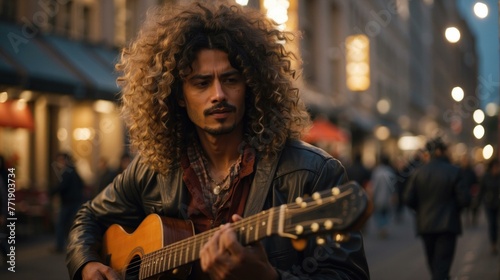A man with curly hair playing guitar in a city street. Generative AI.