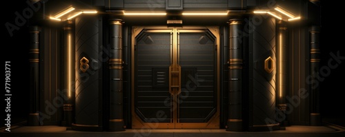 A black door with lights on it in a dark room. Generative AI. photo
