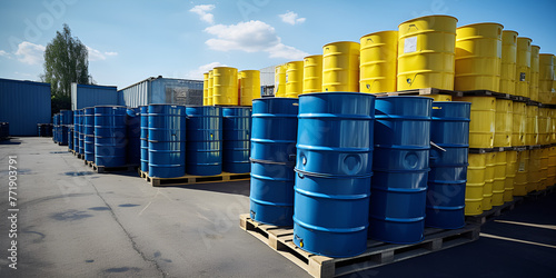 stack of containers, Worker inspecting stock of yellow vertical barrels of oil or chemicals for transportation truck in t
