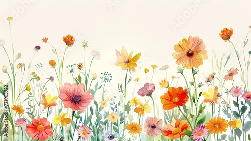 Panoramic view bouquet of roses, spring blossom. Horizontal border branches pink, white flowers, buds, green leaves, white background. Digital draw illustration in watercolor style, ,Generative ai, 