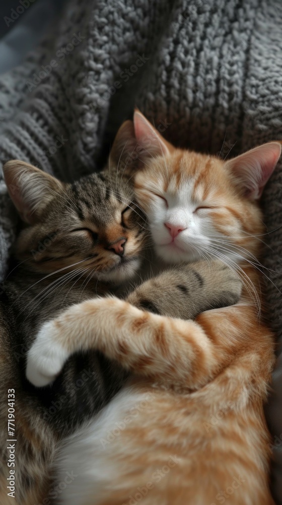 Two cats are cuddling together in a blanket on the couch. Generative AI. Two cats are cuddling together in a blanket on the couch. Generative AI.