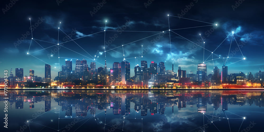 Fototapeta premium A cityscape with a lot of connected lines and dots , Data intelligence HD 8K wallpaper Stock Photographic Image