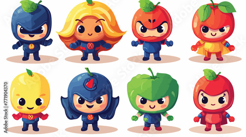 Superhero Fruits In Masks And Capes Set Of Cute Chi
