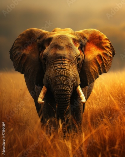 An elephant with tusks standing in tall grass on a cloudy day. Generative AI.