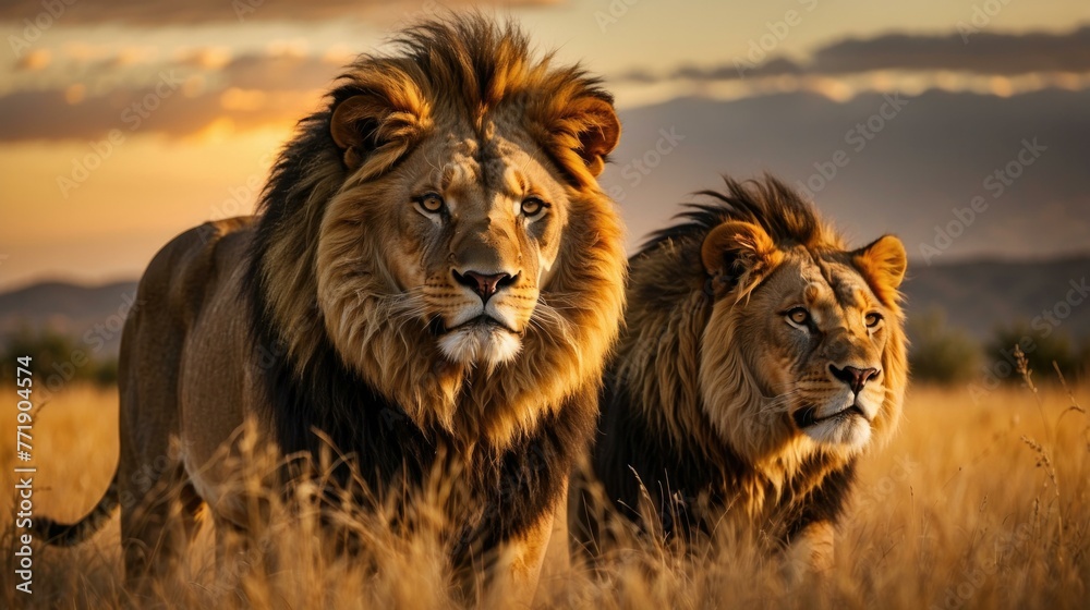 Two lions walking through a field at sunset. Generative AI. Two lions walking through a field at sunset. Generative AI.