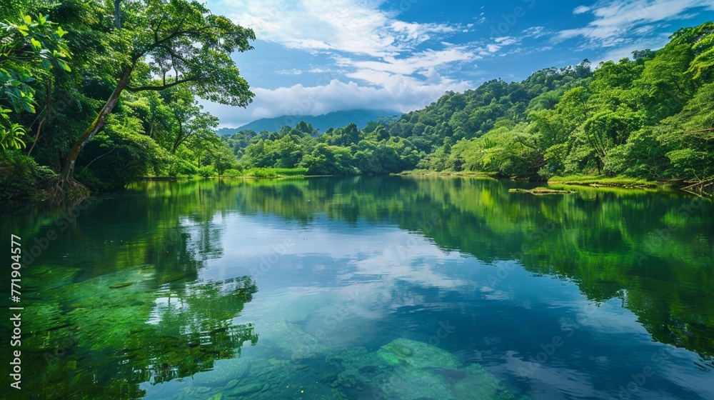 A tranquil river winding through a dense forest, its clear waters reflecting the lush greenery and blue sky above.