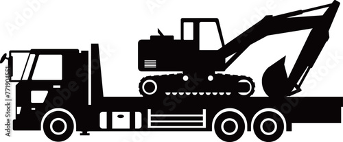 ショベルカーを積載して運搬するセルフローダー・白黒シルエット