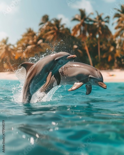 Two dolphins jumping out of the water in front of palm trees. Generative AI. © serg3d