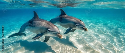 Two dolphins swimming in clear water with blue sky. Generative AI. © serg3d