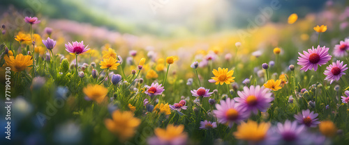 Blooming meadow on spring morning, wild flowers, soft focus, panoramic