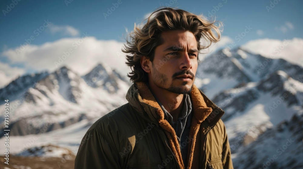 A man with a beard standing in front of mountains. Generative AI.