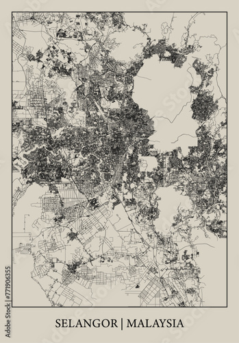 Selangor (Malaysia) street map outline for poster.
