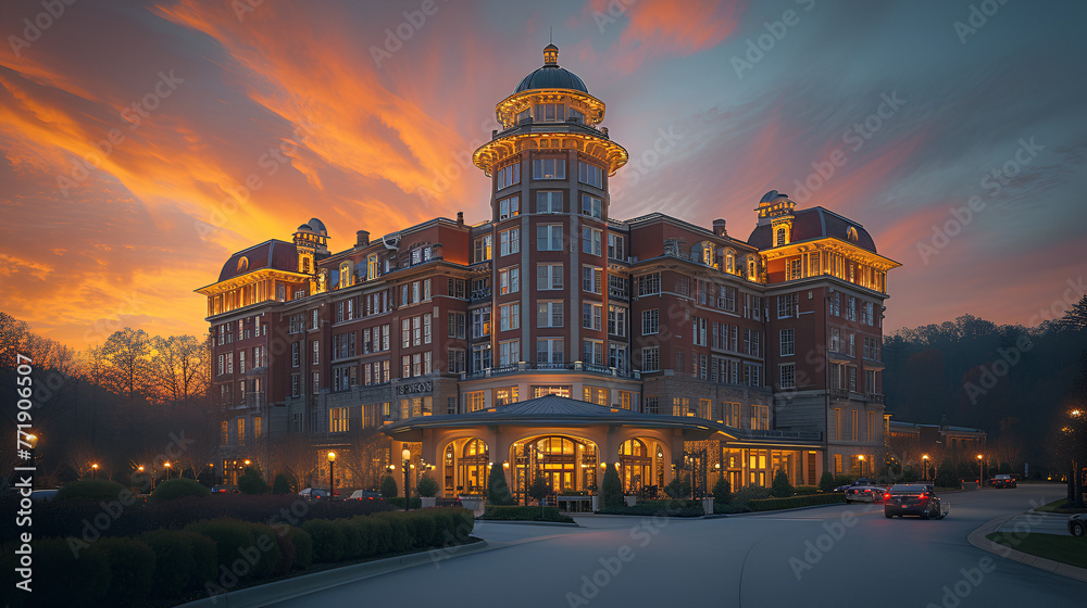 Historic hotel - orange clouds - sunset - golden hour - artistic architecture 