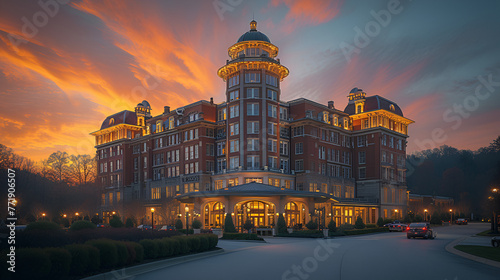 Historic hotel - orange clouds - sunset - golden hour - artistic architecture 