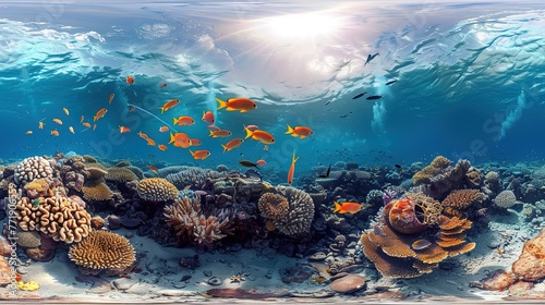 Underwater panorama 360 of coral reef on the red sea under water ocean landscape with colorful tropical fish marine life  , Generative ai,  © curek