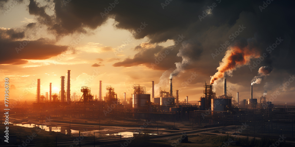 Industrial cityscape with silhouettes of factories and smokestacks against the skyline
