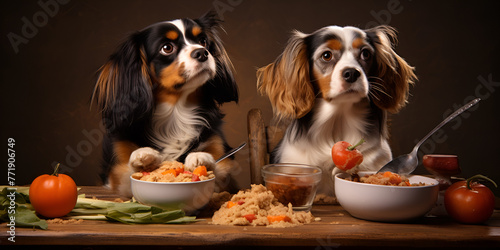 Perro feliz con un plato de comida en casa nutrición equilibrada para perros 