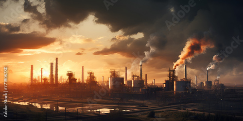 Industrial cityscape with silhouettes of factories and smokestacks against the skyline 