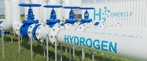 hydrogen pipeline of energy sector towards to ecology,carbon credit,Clean Energy,secure,carbon neutral,transformation,solar,power plant and energy sources balance to replace natural gas.3d rendering.  © Yingyaipumi