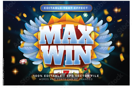 max win 3d text effect and editable text effect with slot machine illustration and light background	
