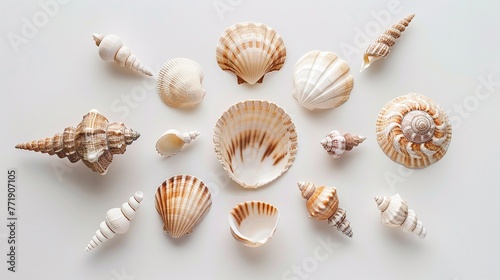 Assorted seashells delicately placed in a flawless circle on a pristine white background.