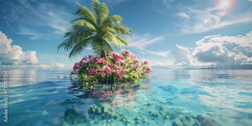 Little Tropical Island with coconut tree and flowers with clear water of the sea and blue sky © Maizal