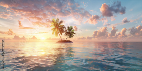 Little Tropical Island with coconut tree and clear water of the sea at sunset