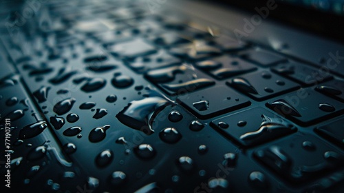 Water droplets on a laptop screen, backlight glow, macro shot, clear details , High details photo