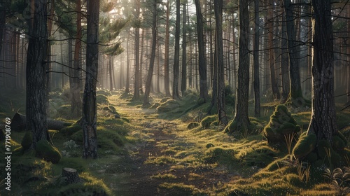 The path passes through a large pine forest. There was moss all over the floor, sunrise.