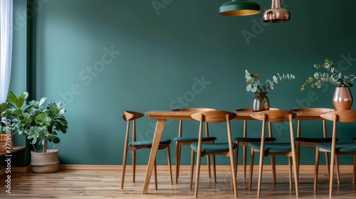 Wooden dining table and chairs against green wall Interior design of a modern dining room