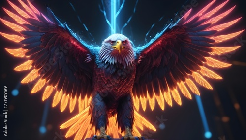 Fiery Eagle with Electric Blue Glowing Feathers in Dynamic Pose