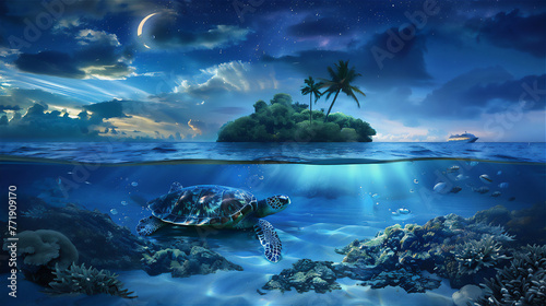 scenic Beach with island and coconut trees with turtle under clear water at night with stars and crescent moon