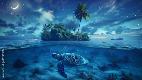  Beach with island and coconut trees with turtle under water at blue midnight with stars and crescent moon photo