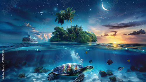 scenic Beach with cruise, island and coconut trees with turtle under water at night with stars and crescent moon in summer photo