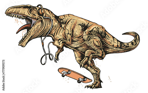 Handmade vector illustration of Tyrannosaurus Rex skater with cellphone and headphones. © Ghost