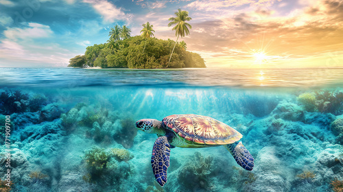scenic Beach with island and coconut trees with turtle under blue clear water at sunset in summer