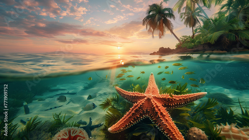 Scenic Beach with island and coconut trees with starfish and coral under clear water at sunset
