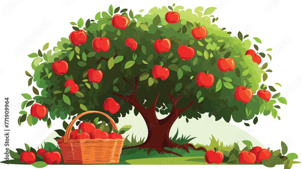 Vector apple tree and basket of apples isolated on