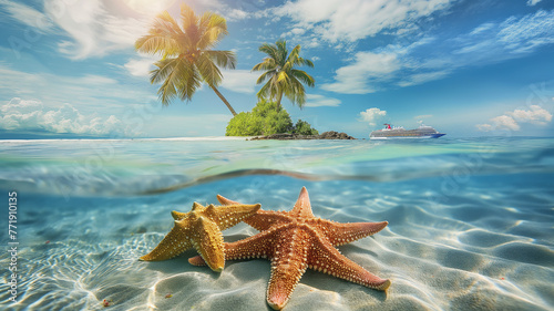Tropical Beach with island and coconut trees with starfish under clear water at sunset