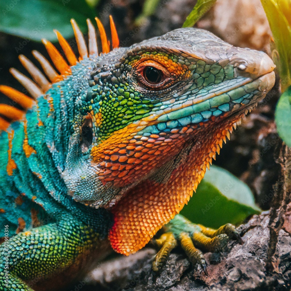 Fototapeta premium Vivid Marvel: Beautiful Colorful Lizard Basks in Sunlight