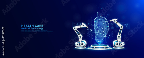 Robot arms operating healing ear human on the podium. Robotic surgery. Machine surgeon in health care and diagnose disease. Modern medical technologies innovation concept. Banner vector EPS10.