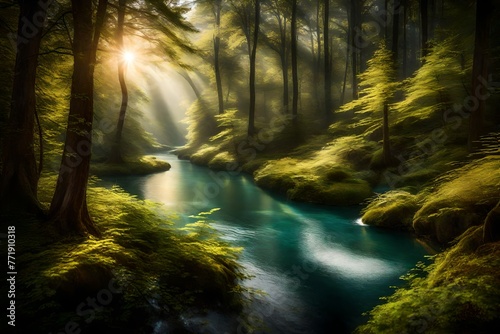 A river snaking through a dense forest  with sunlight filtering through the trees and dancing on the water s surface.
